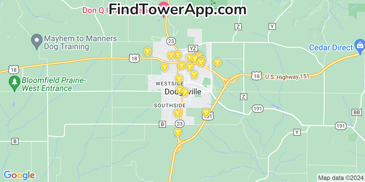 AT&T 4G/5G cell tower coverage map Dodgeville, Wisconsin