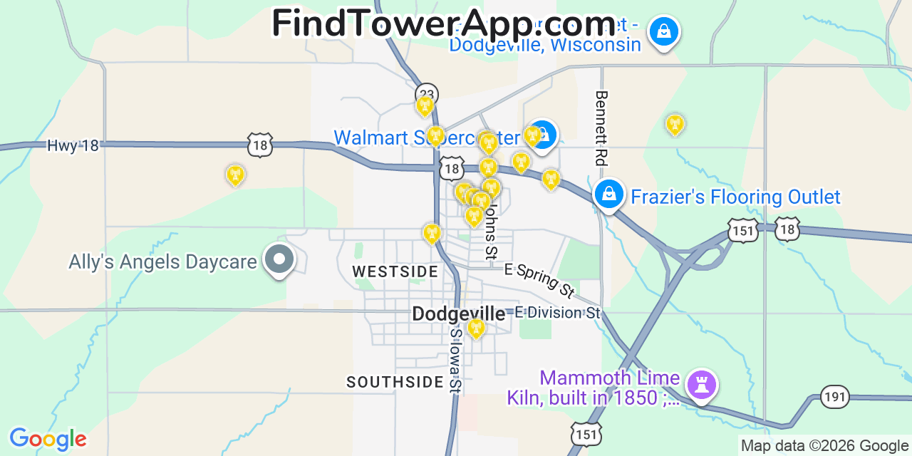 Map showing the 20 primary cell tower locations detected in Dodgeville, Wisconsin from AT&T, Verizon, and T-Mobile networks