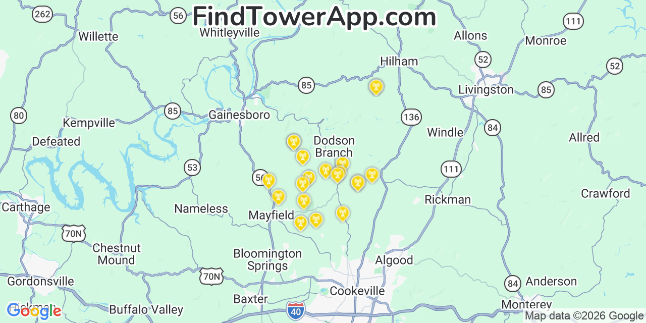 Map showing the 20 primary cell tower locations detected in Dodson Branch, Tennessee from AT&T, Verizon, and T-Mobile networks