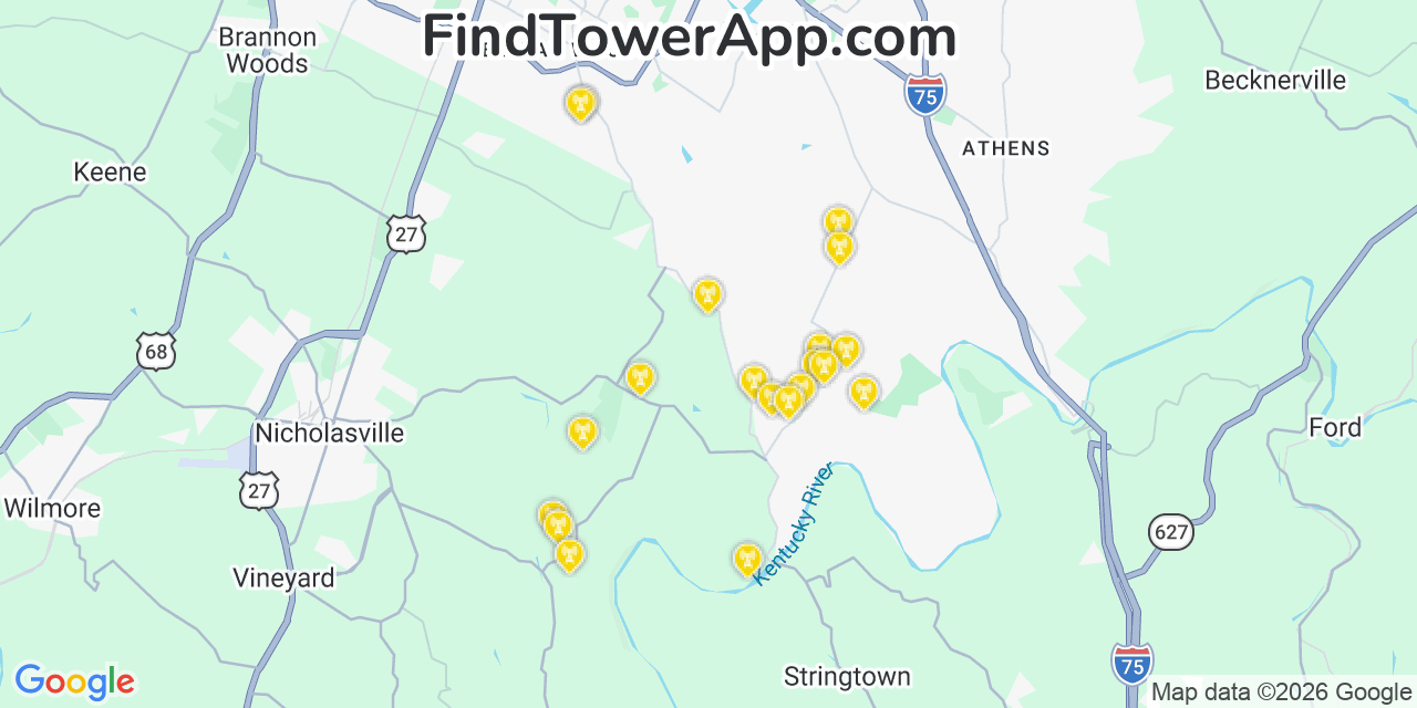 Map showing the 20 primary cell tower locations detected in Doe Valley, Kentucky from AT&T, Verizon, and T-Mobile networks