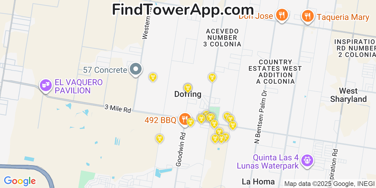 Map showing the 20 primary cell tower locations detected in Doffing, Texas from AT&T, Verizon, and T-Mobile networks