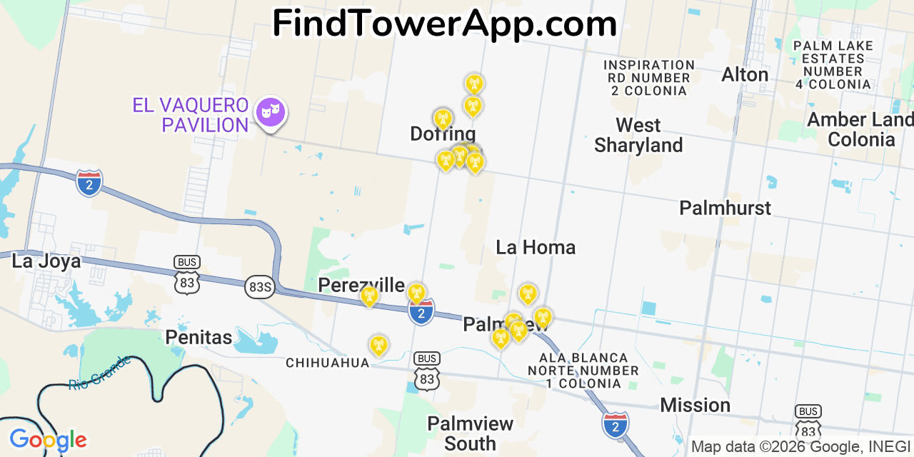 Map showing the 20 primary cell tower locations detected in Doffing, Texas from AT&T, Verizon, and T-Mobile networks