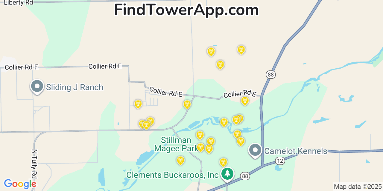 Map showing the 20 primary cell tower locations detected in Dogtown, California from AT&T, Verizon, and T-Mobile networks