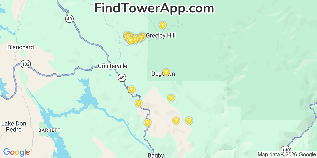 Map showing the 20 primary cell tower locations detected in Dogtown, California from AT&T, Verizon, and T-Mobile networks