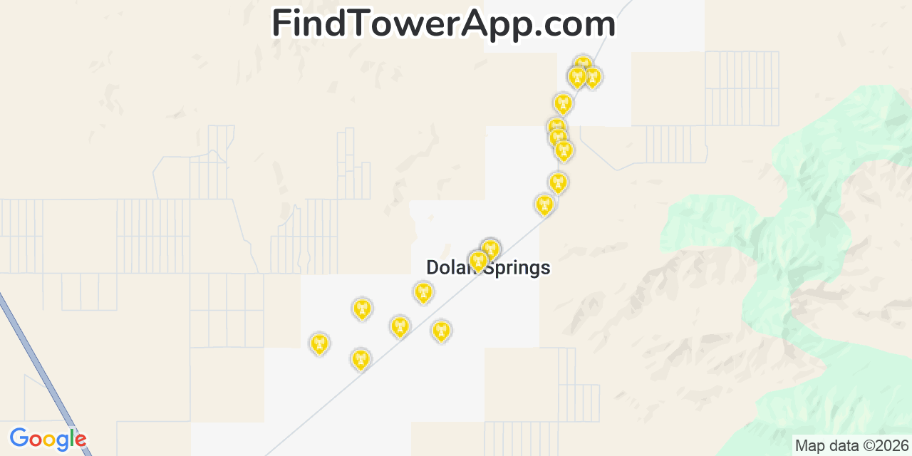 Map showing the 20 primary cell tower locations detected in Dolan Springs, Arizona from AT&T, Verizon, and T-Mobile networks