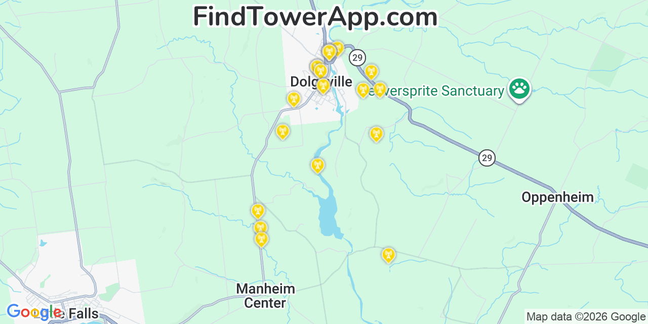 Map showing the 20 primary cell tower locations detected in Dolgeville, New York from AT&T, Verizon, and T-Mobile networks