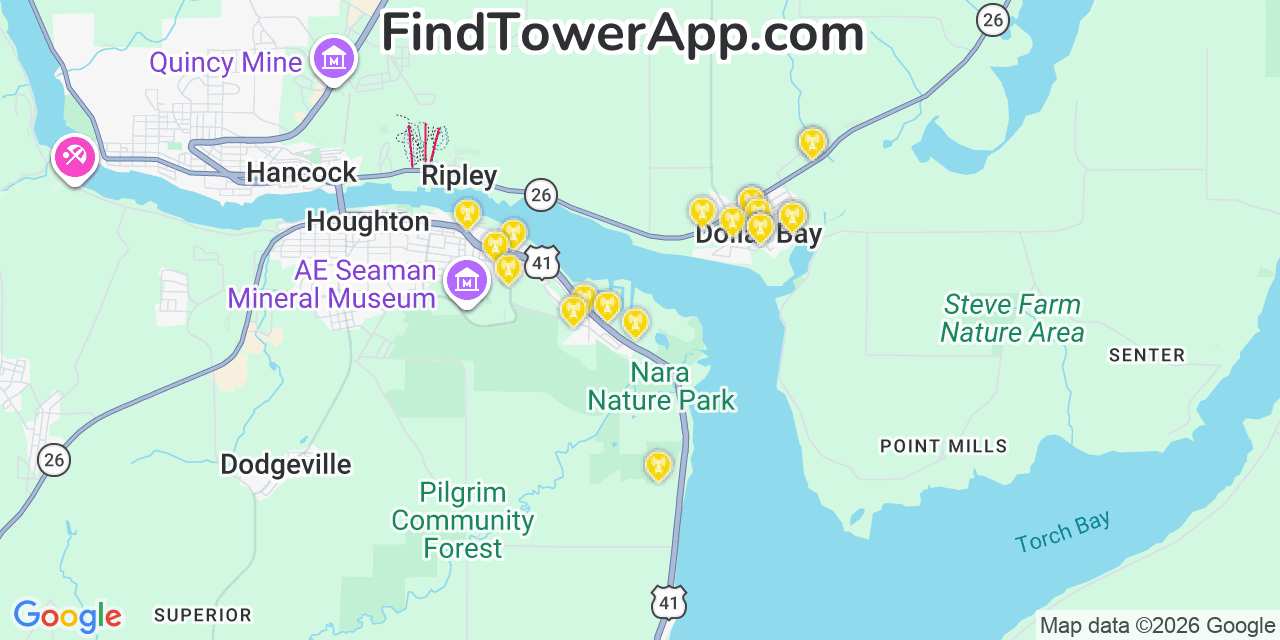 Map showing the 20 primary cell tower locations detected in Dollar Bay, Michigan from AT&T, Verizon, and T-Mobile networks