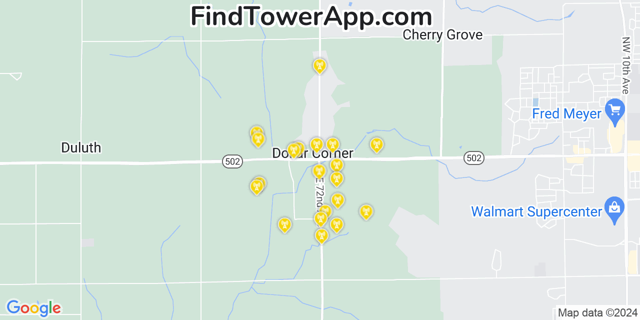 AT&T 4G/5G cell tower coverage map Dollar Corner, Washington