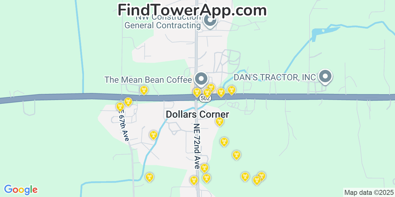 Map showing the 20 primary cell tower locations detected in Dollar Corner, Washington from AT&T, Verizon, and T-Mobile networks