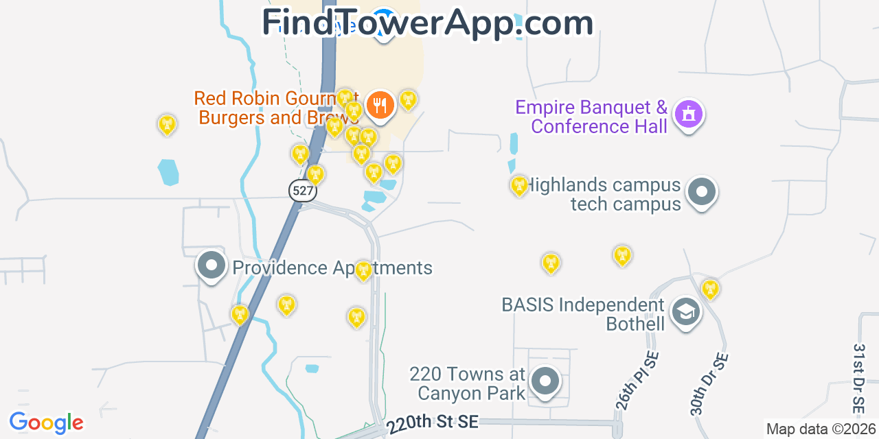 Map showing the 20 primary cell tower locations detected in Dollar Corner, Washington from AT&T, Verizon, and T-Mobile networks