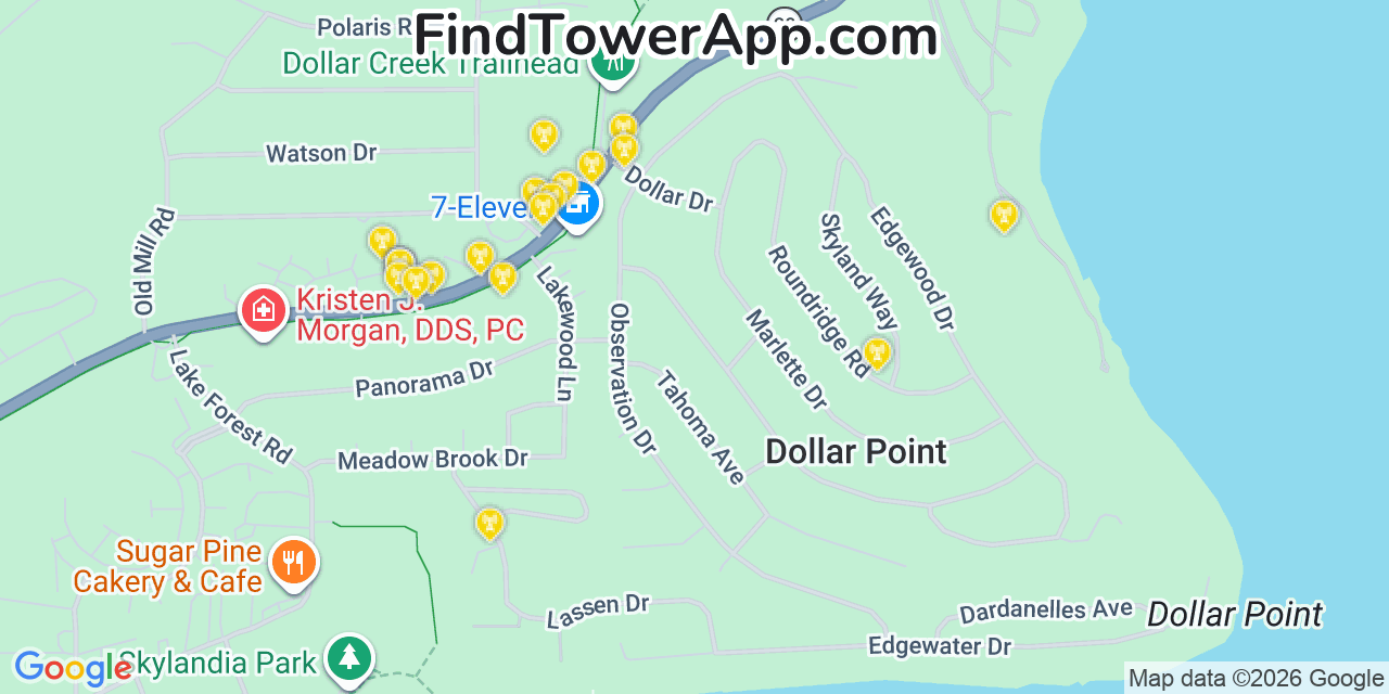 Map showing the 20 primary cell tower locations detected in Dollar Point, California from AT&T, Verizon, and T-Mobile networks