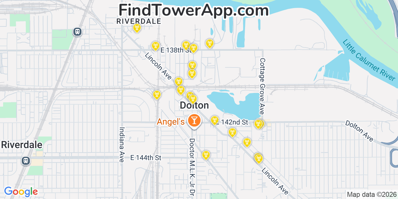 Map showing the 20 primary cell tower locations detected in Dolton, Illinois from AT&T, Verizon, and T-Mobile networks