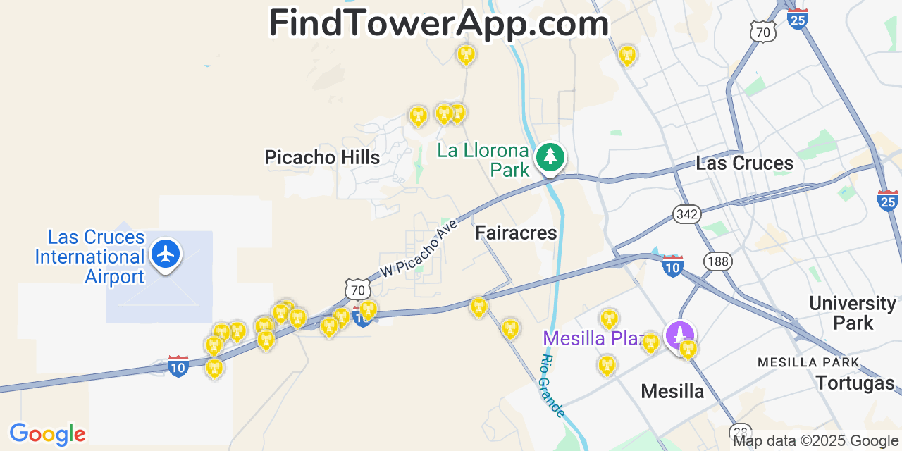 Map showing the 24 primary AT&T cell tower locations detected in Doña Ana, New Mexico with coverage radius and signal strength indicators