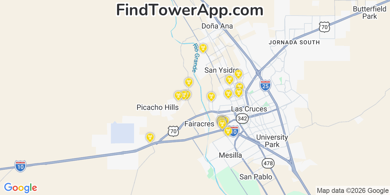 Map showing the 20 primary cell tower locations detected in Doña Ana, New Mexico from AT&T, Verizon, and T-Mobile networks