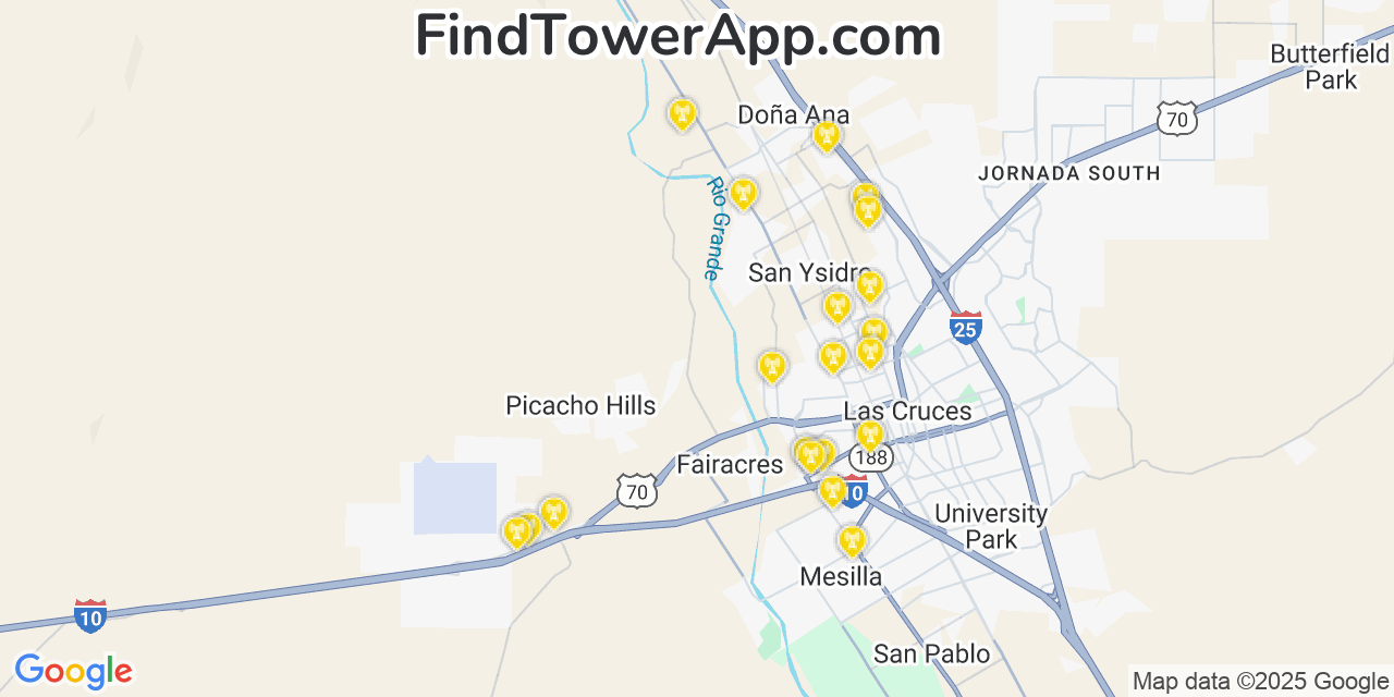 Map showing the 20 primary T-Mobile cell tower locations detected in Doña Ana, New Mexico with coverage radius and signal strength indicators