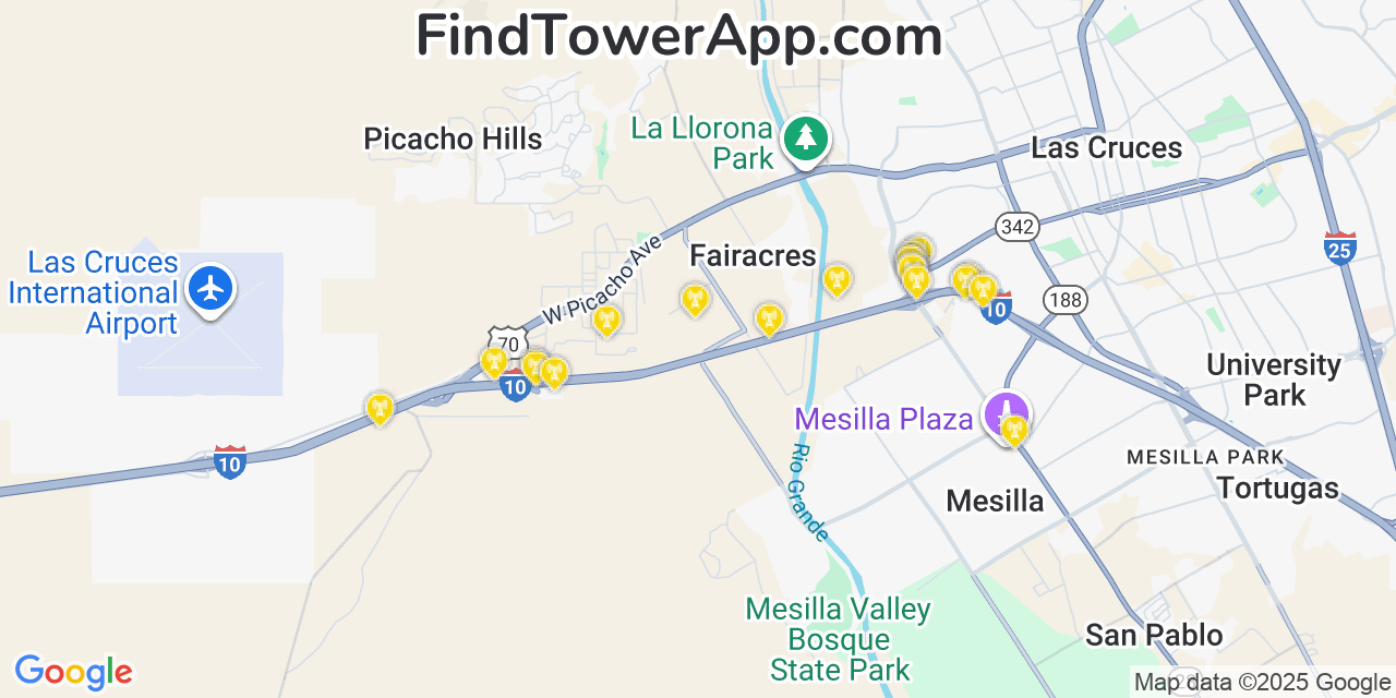 Map showing the 20 primary Verizon cell tower locations detected in Doña Ana, New Mexico with coverage radius and signal strength indicators