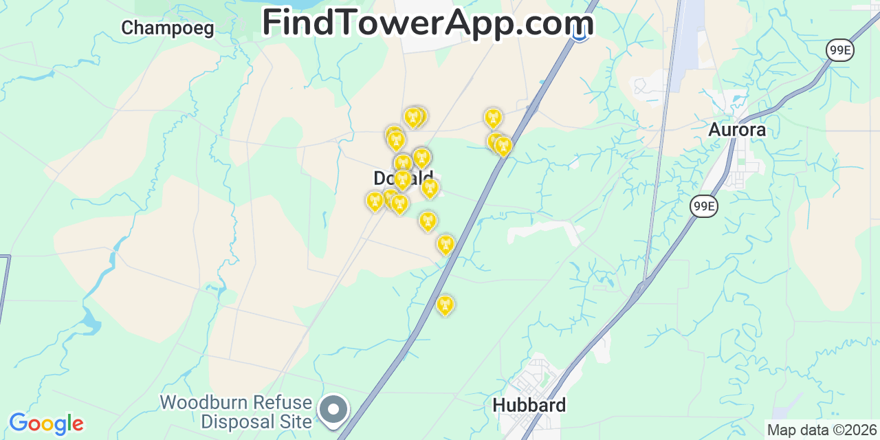 Map showing the 20 primary cell tower locations detected in Donald, Oregon from AT&T, Verizon, and T-Mobile networks