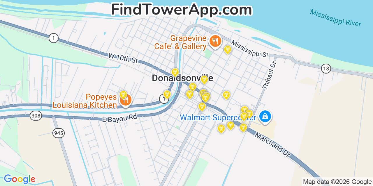 Map showing the 20 primary cell tower locations detected in Donaldsonville, Louisiana from AT&T, Verizon, and T-Mobile networks