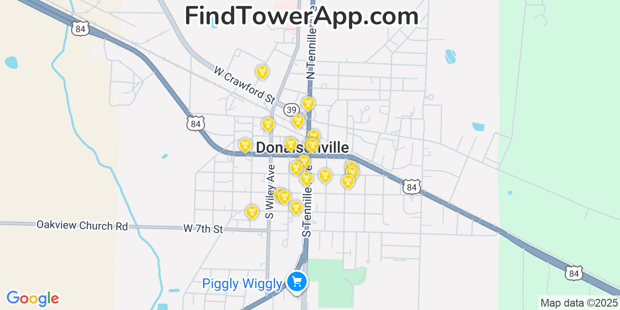 Map showing the 20 primary cell tower locations detected in Donalsonville, Georgia from AT&T, Verizon, and T-Mobile networks