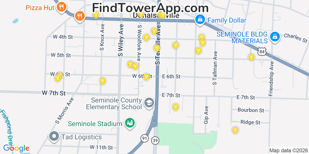 Map showing the 20 primary cell tower locations detected in Donalsonville, Georgia from AT&T, Verizon, and T-Mobile networks