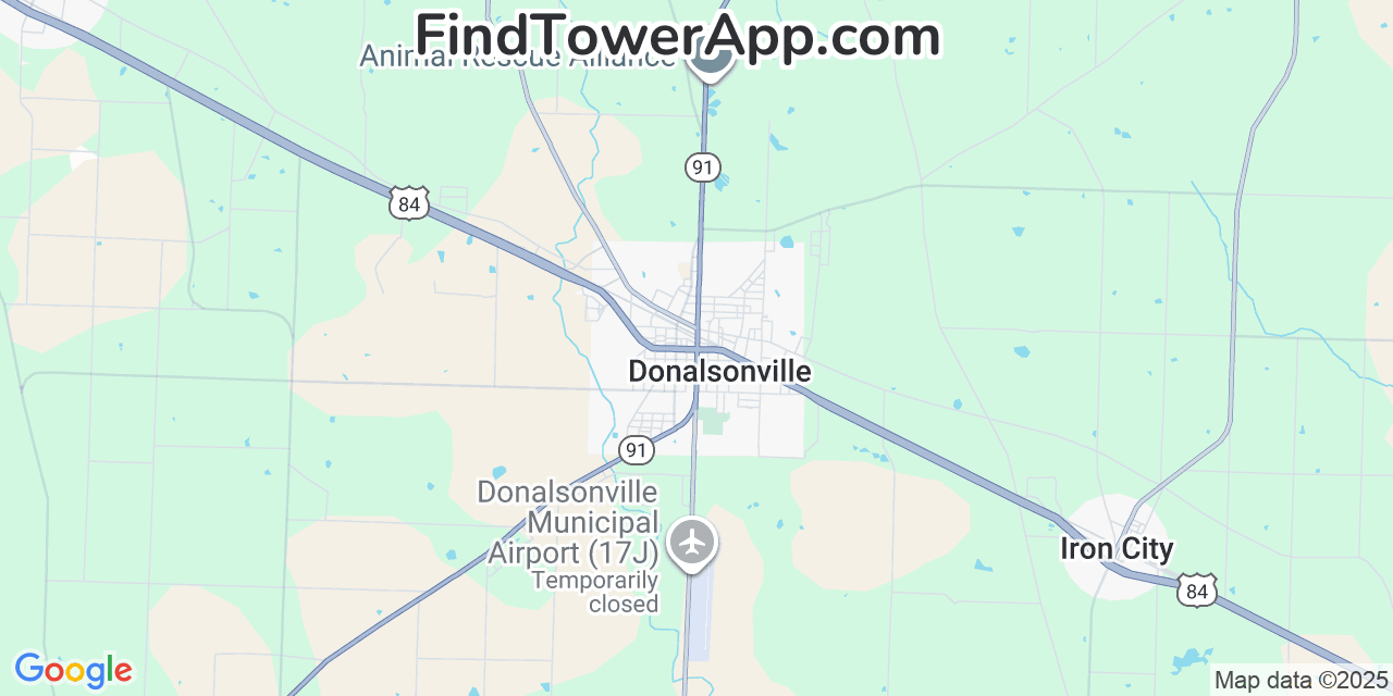 Map showing the 20 primary Mobitel cell tower locations detected in Donalsonville, Georgia with coverage radius and signal strength indicators