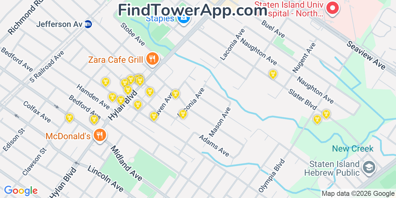 Map showing the 20 primary cell tower locations detected in Dongan Hills, New York from AT&T, Verizon, and T-Mobile networks