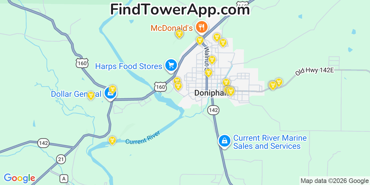 Map showing the 20 primary cell tower locations detected in Doniphan, Missouri from AT&T, Verizon, and T-Mobile networks