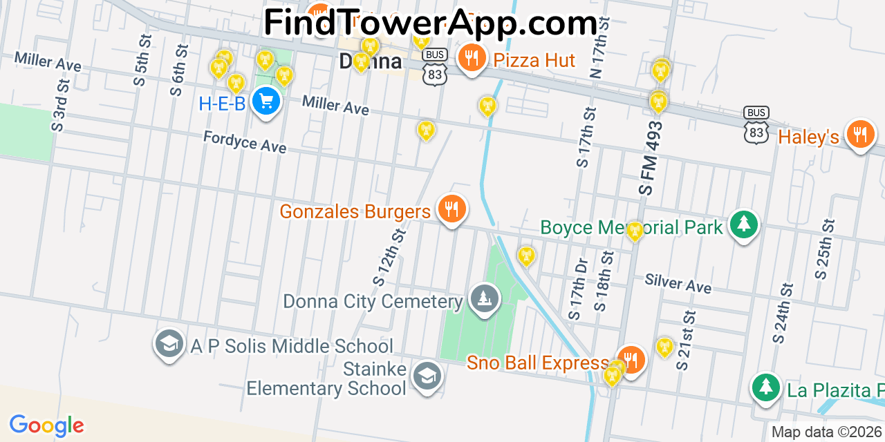 Map showing the 20 primary cell tower locations detected in Donna, Texas from AT&T, Verizon, and T-Mobile networks