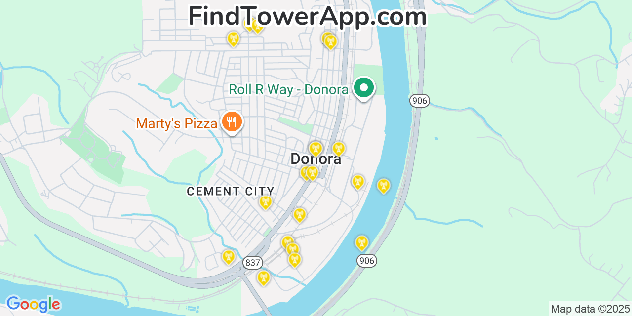 Map showing the 20 primary cell tower locations detected in Donora, Pennsylvania from AT&T, Verizon, and T-Mobile networks