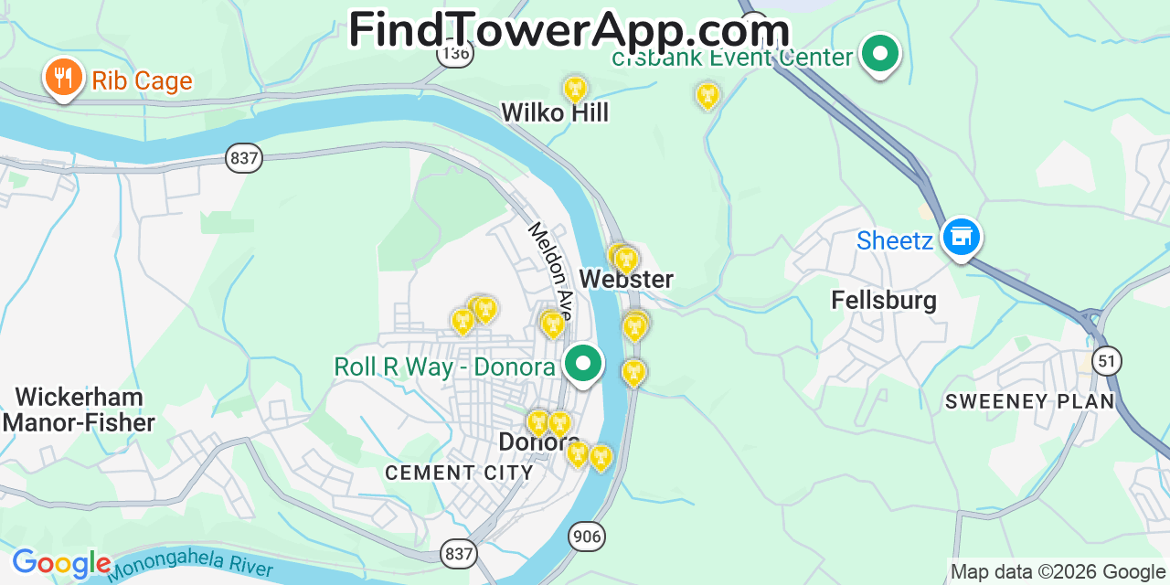 Map showing the 20 primary cell tower locations detected in Donora, Pennsylvania from AT&T, Verizon, and T-Mobile networks