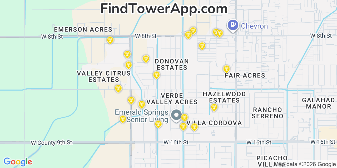 Map showing the 20 primary cell tower locations detected in Donovan Estates, Arizona from AT&T, Verizon, and T-Mobile networks