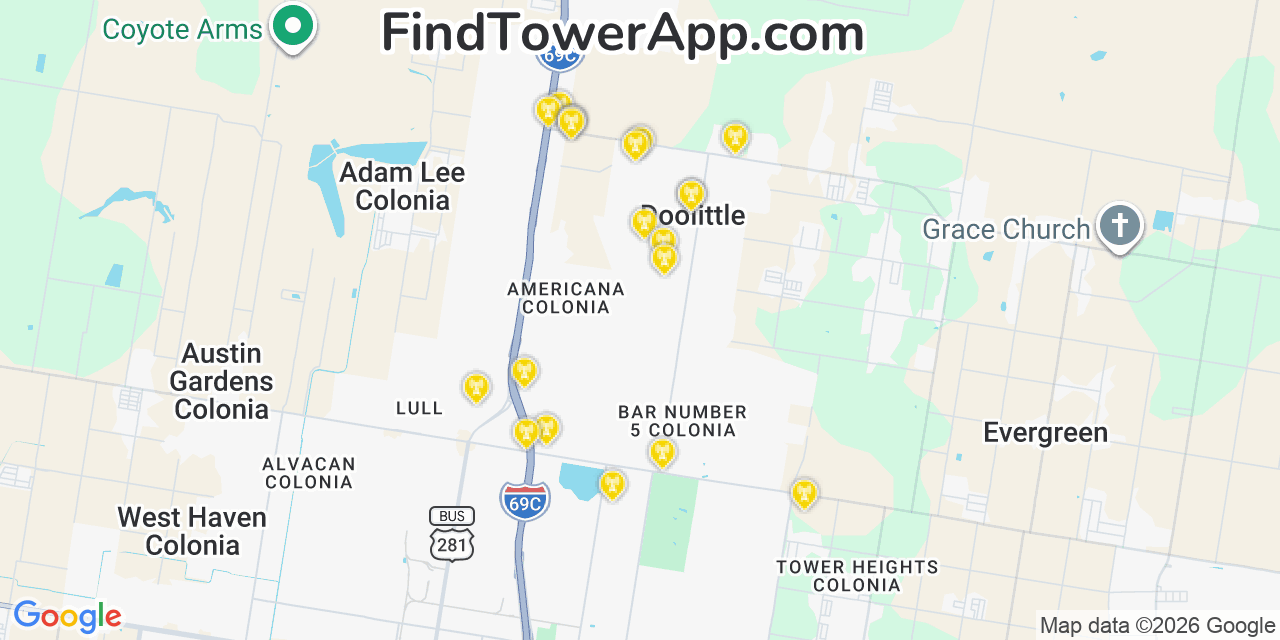 Map showing the 20 primary cell tower locations detected in Doolittle, Texas from AT&T, Verizon, and T-Mobile networks