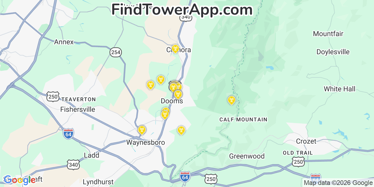 Map showing the 20 primary cell tower locations detected in Dooms, Virginia from AT&T, Verizon, and T-Mobile networks