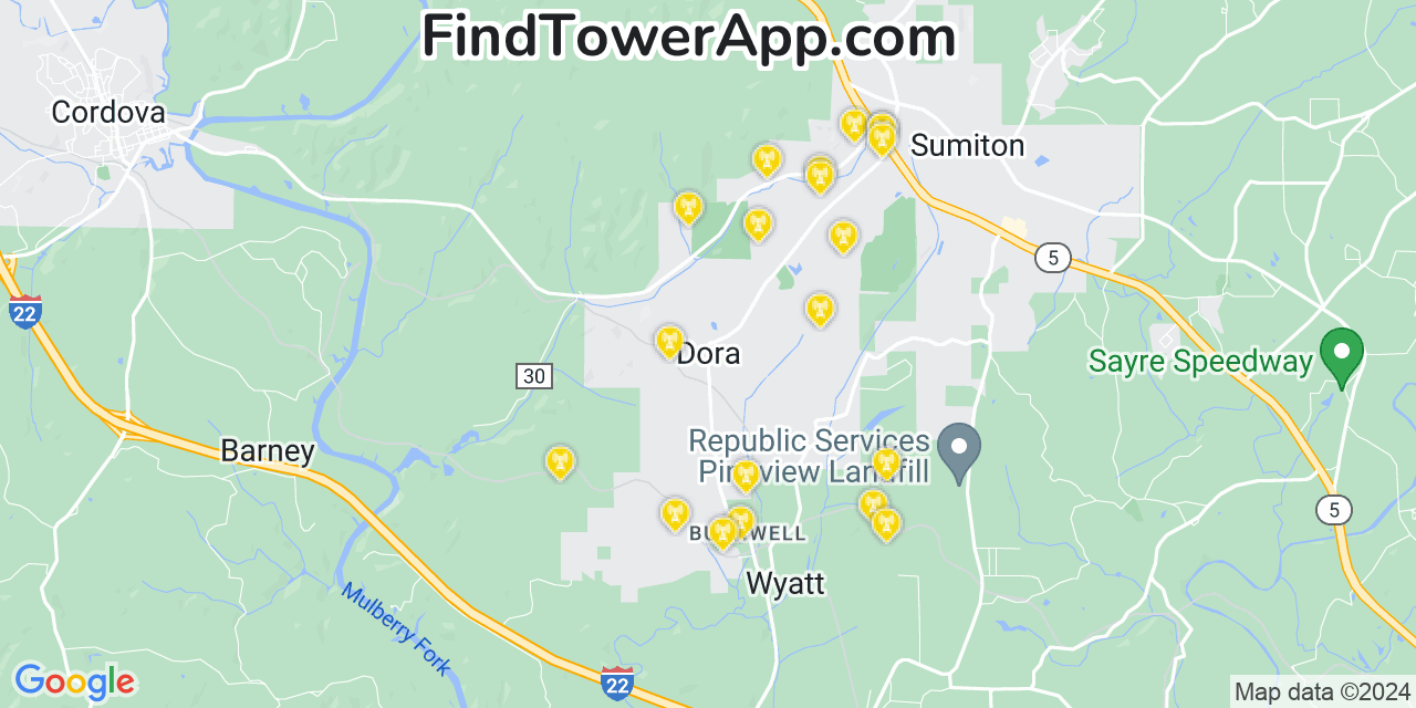 AT&T 4G/5G cell tower coverage map Dora, Alabama