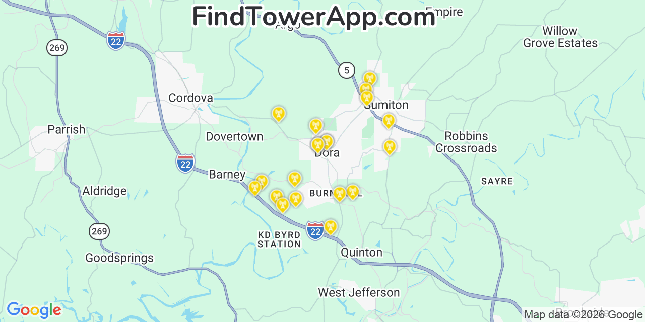 Map showing the 20 primary cell tower locations detected in Dora, Alabama from AT&T, Verizon, and T-Mobile networks