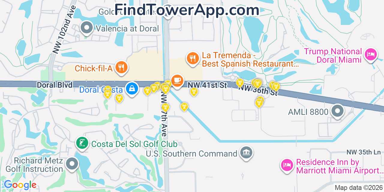 Map showing the 20 primary cell tower locations detected in Doral, Florida from AT&T, Verizon, and T-Mobile networks
