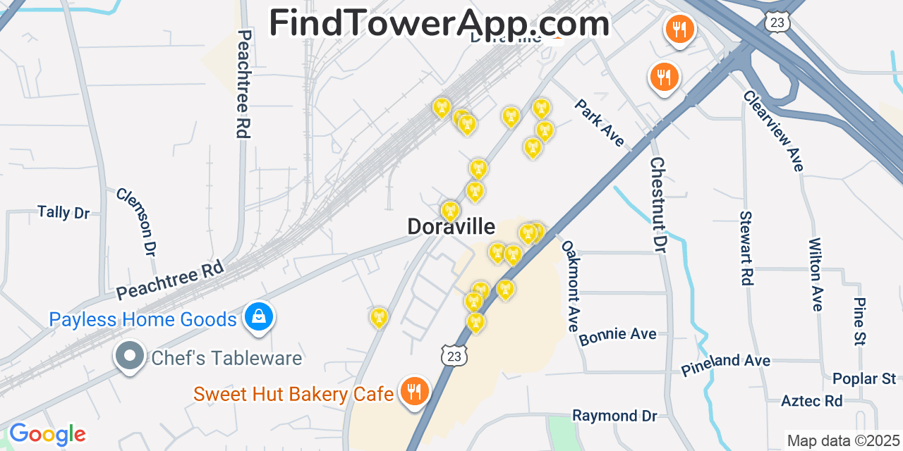 Map showing the 20 primary cell tower locations detected in Doraville, Georgia from AT&T, Verizon, and T-Mobile networks