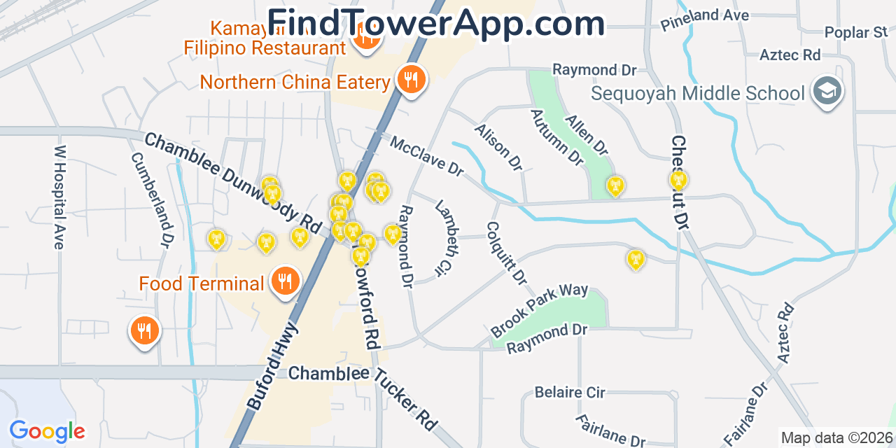 Map showing the 20 primary cell tower locations detected in Doraville, Georgia from AT&T, Verizon, and T-Mobile networks