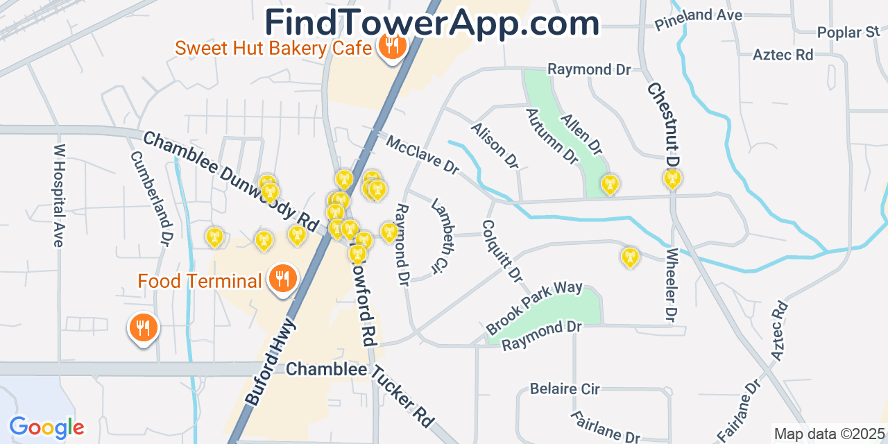 Map showing the 20 primary Mobitel cell tower locations detected in Doraville, Georgia with coverage radius and signal strength indicators