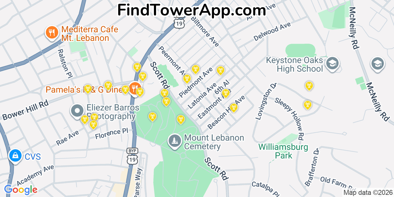 Map showing the 20 primary cell tower locations detected in Dormont, Pennsylvania from AT&T, Verizon, and T-Mobile networks