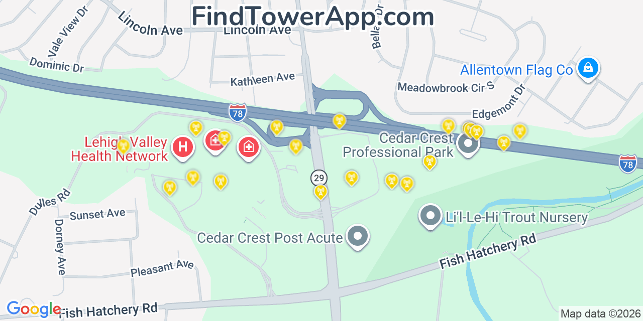 Map showing the 20 primary cell tower locations detected in Dorneyville, Pennsylvania from AT&T, Verizon, and T-Mobile networks