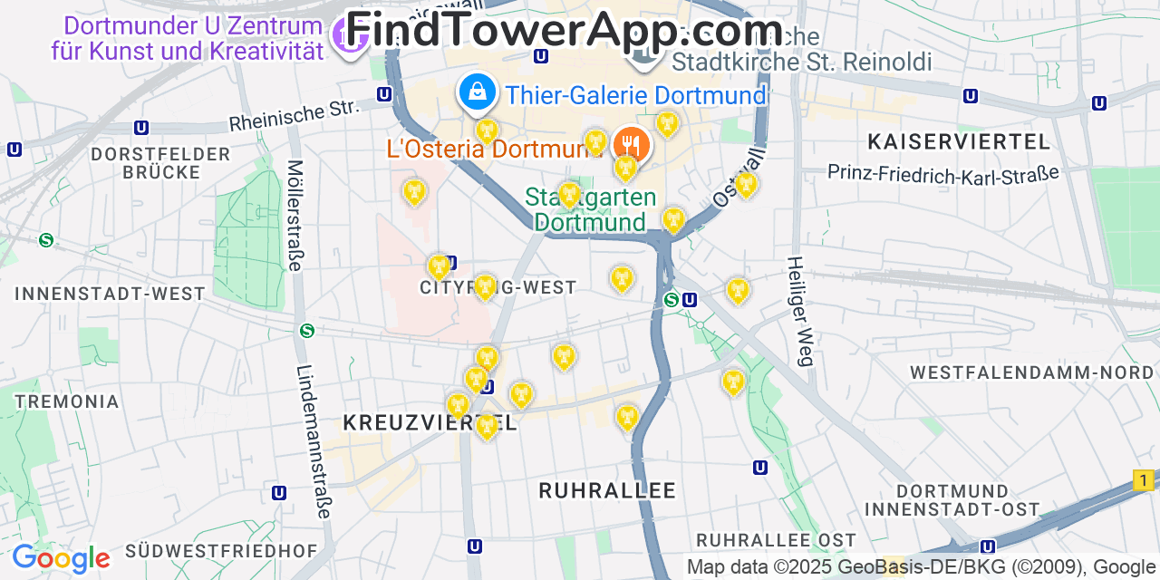 Map showing the 20 primary cell tower locations detected in Dortmund, Germany with coverage areas and signal strength