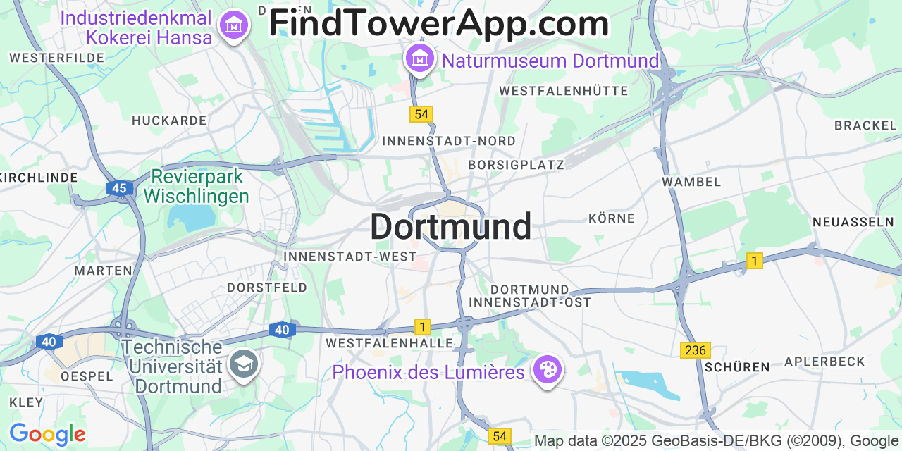 Map showing the 0 primary O2 cell tower locations detected in Dortmund, Germany with coverage radius and signal strength indicators