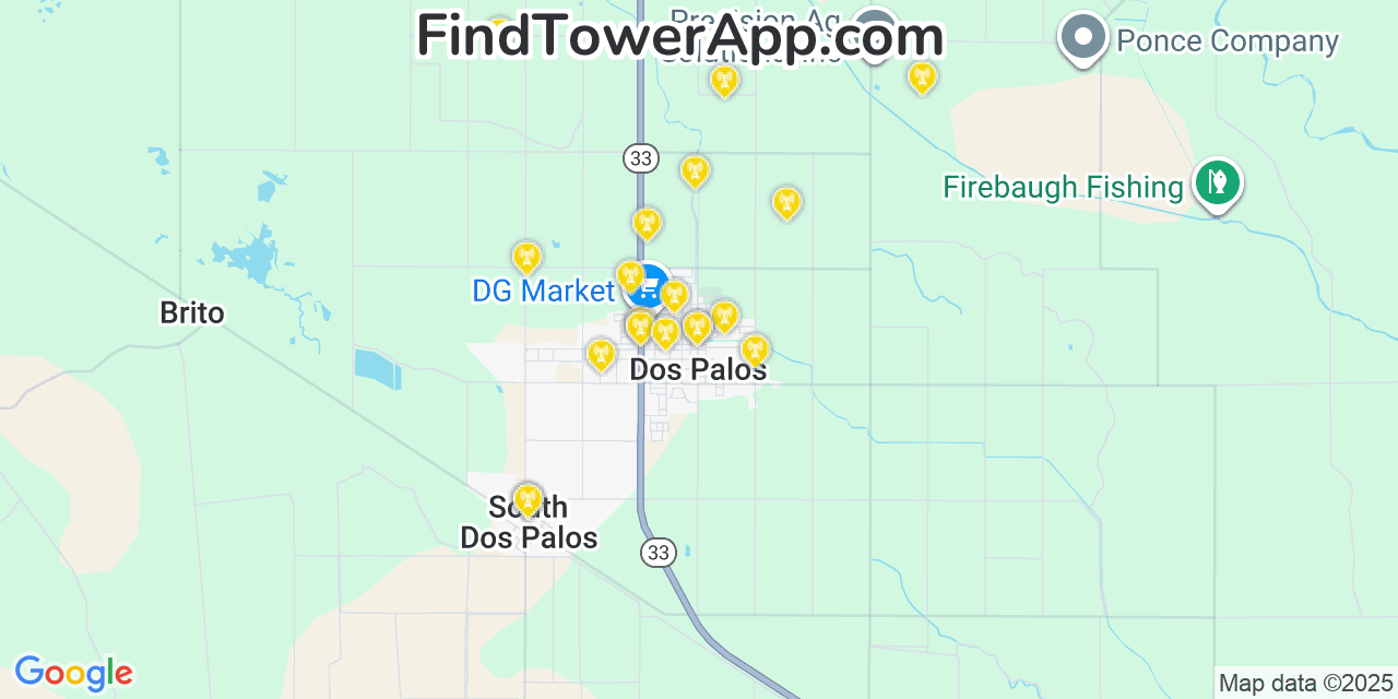 Map showing the 20 primary cell tower locations detected in Dos Palos, California from AT&T, Verizon, and T-Mobile networks