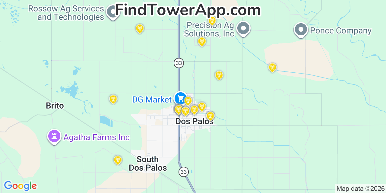Map showing the 20 primary cell tower locations detected in Dos Palos, California from AT&T, Verizon, and T-Mobile networks