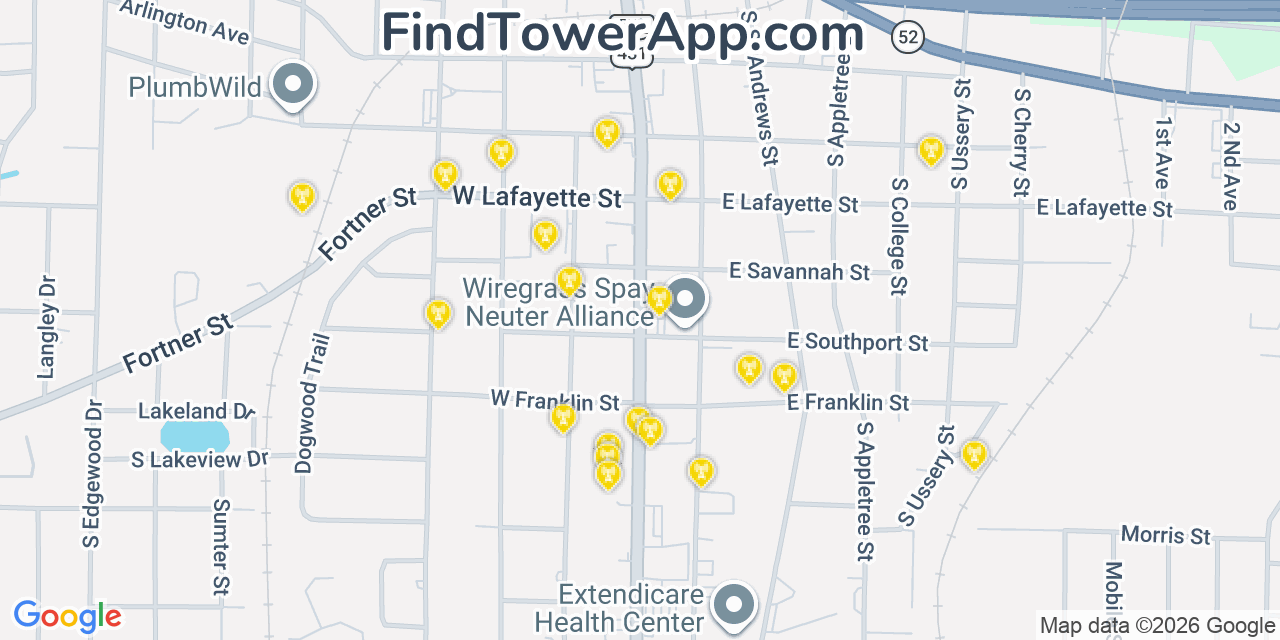 Map showing the 20 primary cell tower locations detected in Dothan, Alabama from AT&T, Verizon, and T-Mobile networks
