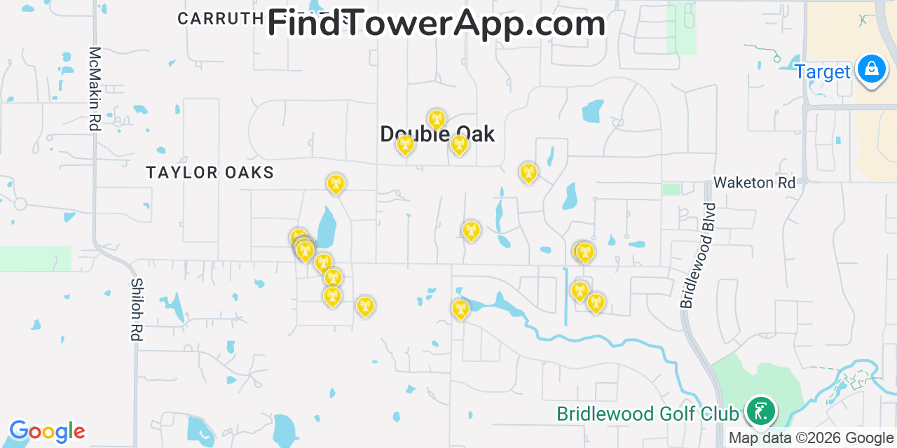 Map showing the 20 primary cell tower locations detected in Double Oak, Texas from AT&T, Verizon, and T-Mobile networks