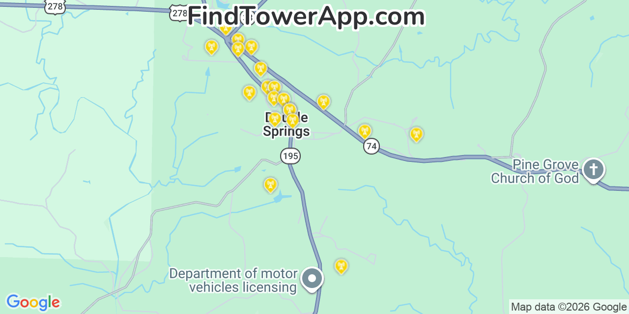 Map showing the 20 primary cell tower locations detected in Double Springs, Alabama from AT&T, Verizon, and T-Mobile networks