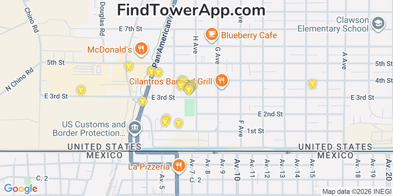 Map showing the 20 primary cell tower locations detected in Douglas, Arizona from AT&T, Verizon, and T-Mobile networks