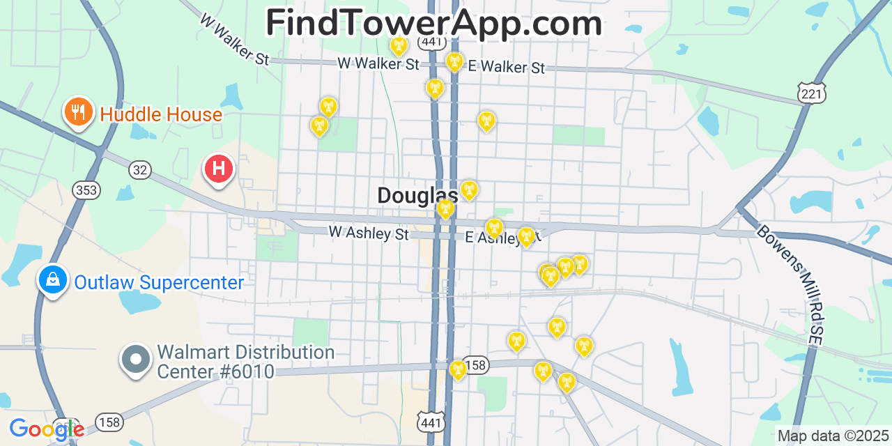 Map showing the 20 primary cell tower locations detected in Douglas, Georgia from AT&T, Verizon, and T-Mobile networks